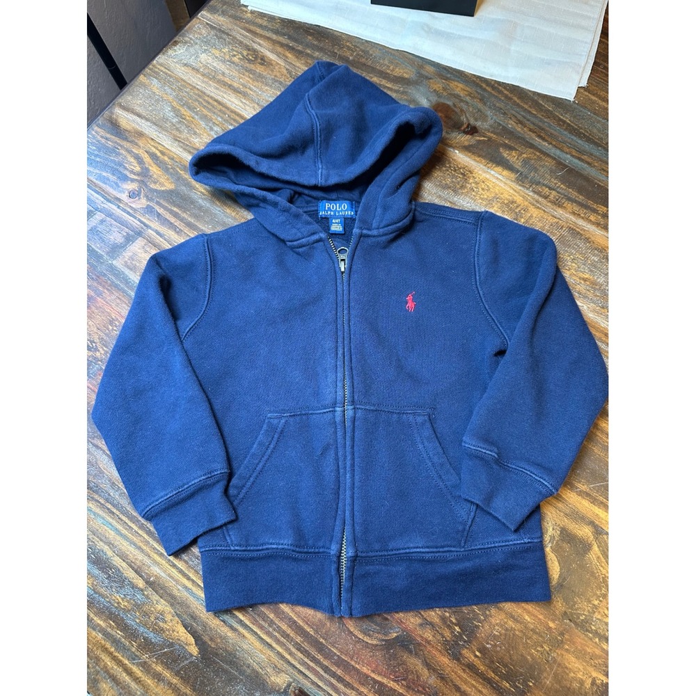 Polo Ralph Lauren Kids Navy Blue Full Zip Fleece Hoodie Red Pony Size 4 4T